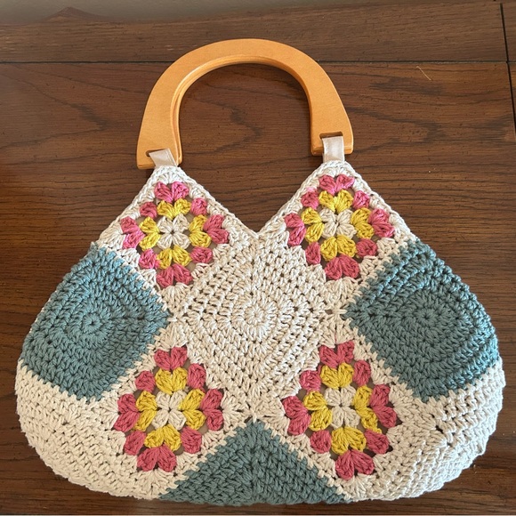 Mini Boho Crochet Purse Handbag with wooden strap handles Never Used - Picture 2 of 10